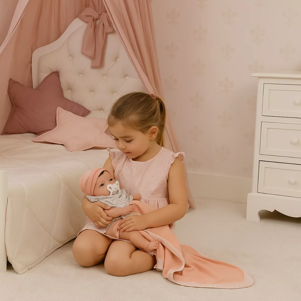 Дете гушка реалистична кукла Бебе Пипа с розово одеялце и винилово тяло