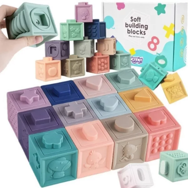 Сензорни меки кубчета за бебе с пастелни цветове и форми от Jolly Toy – подходящи от 6 месеца