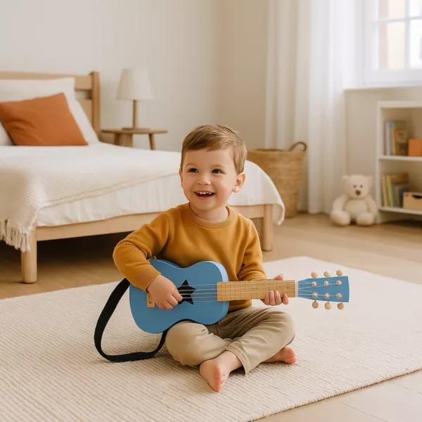 Момченце свири на синя детска дървена китара Звезда в уютна стая