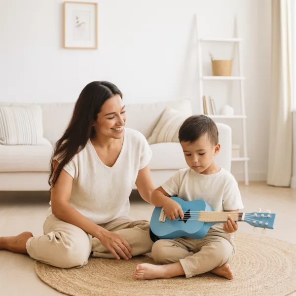 Майка и дете свирят на синя детска дървена китара Звезда