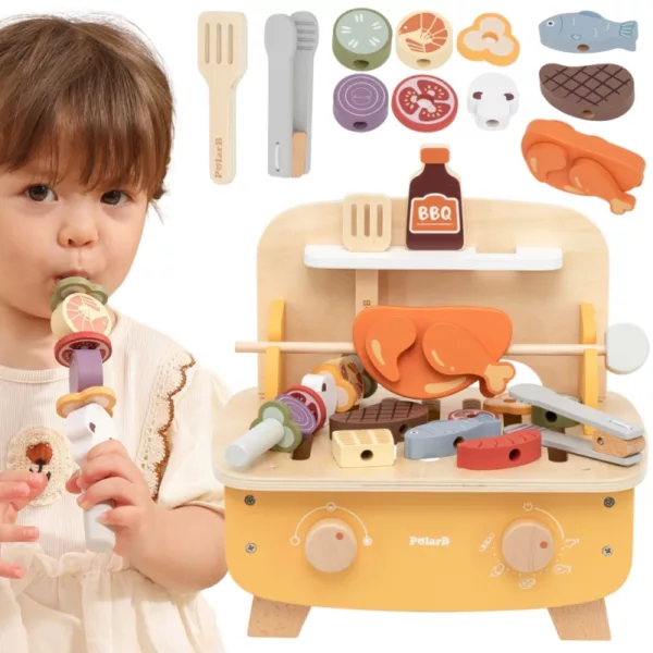 Дете и дървен барбекю комплект PolarB с шишове, месо, зеленчуци и аксесоари