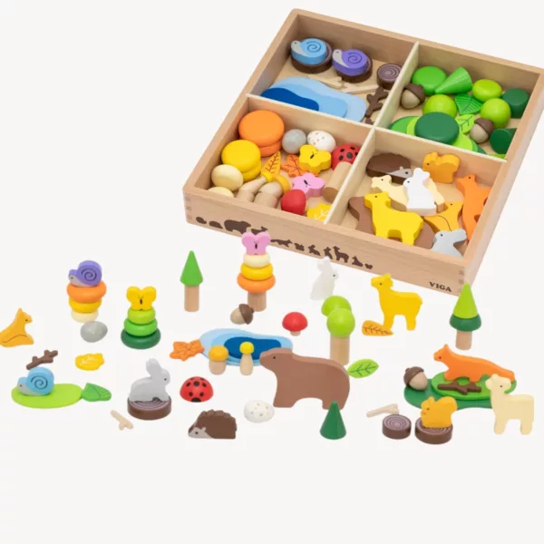 Дървен конструктор с животни Горски свят Viga с цветни елементи за игра