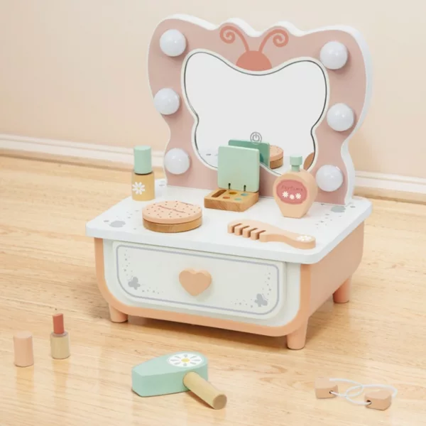 Детска дървена тоалетка с LED огледало Пеперуда в пастелни цветове за деца 3+