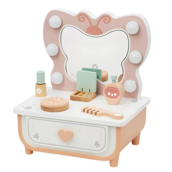 Детска дървена тоалетка Пеперуда с LED огледало и аксесоари в розово и бяло