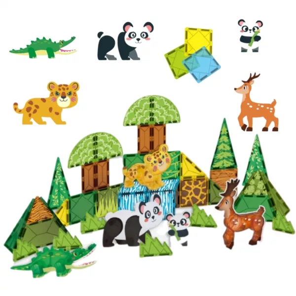 Магнитен конструктор Застрашени животни 45 части с фигурки и джунгла елементи