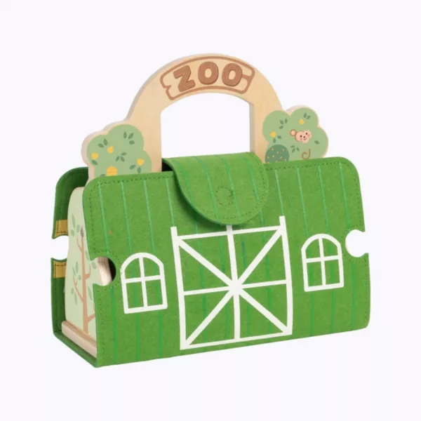 Преносим дървен ЗОО кът за игра в зелена кутия тип къщичка с дръжка