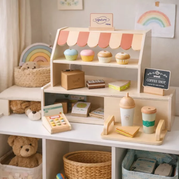 Дървен магазин и ресторант за деца в детска стая за ролеви игри