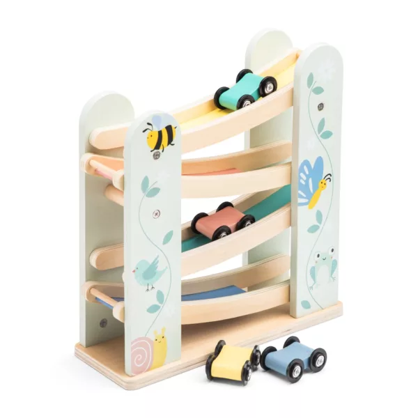 Дървена рампа с колички Цветна надпревара в пастелни цветове, за деца 1+