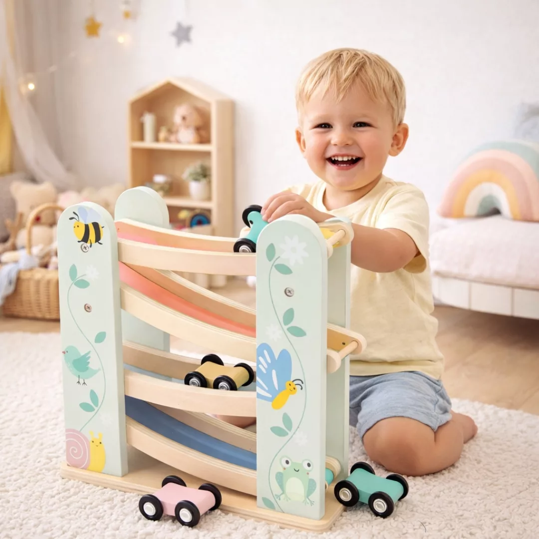 Дървена рампа с колички Цветна надпревара в детска стая, щастливо дете играе, 1+