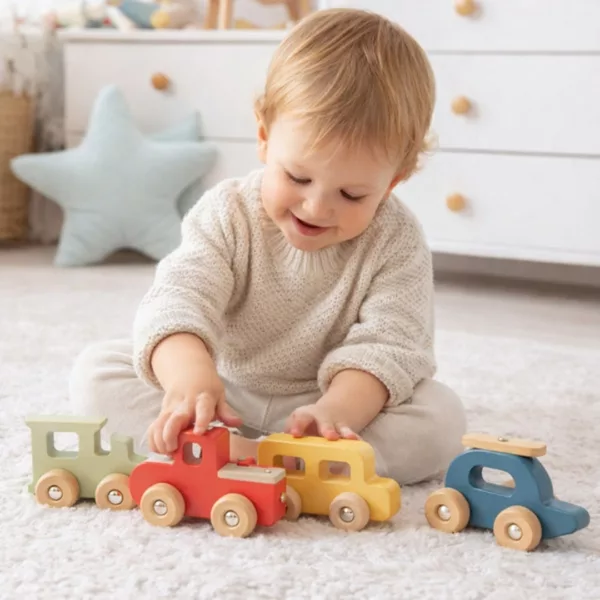 Комплект дървени превозни средства за малки ръчички PolarB дете играе с дървени колички