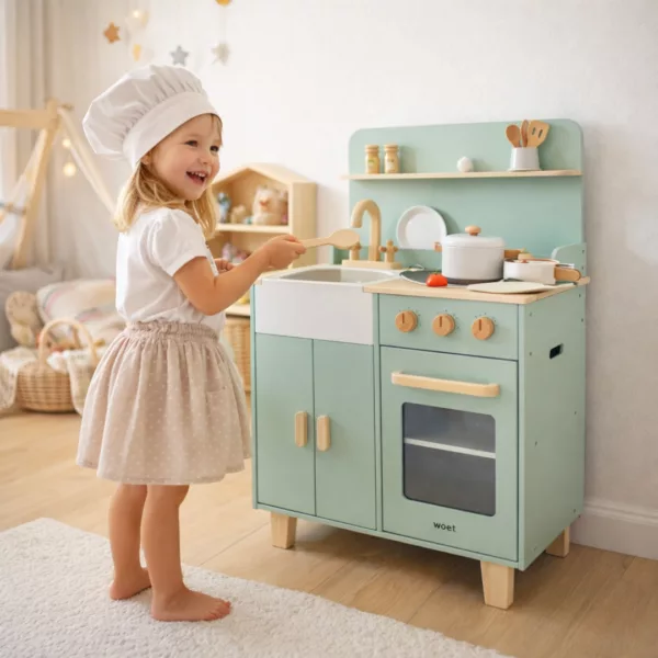 Детска дървена кухня в ментово зелено Сканди с дете в игра
