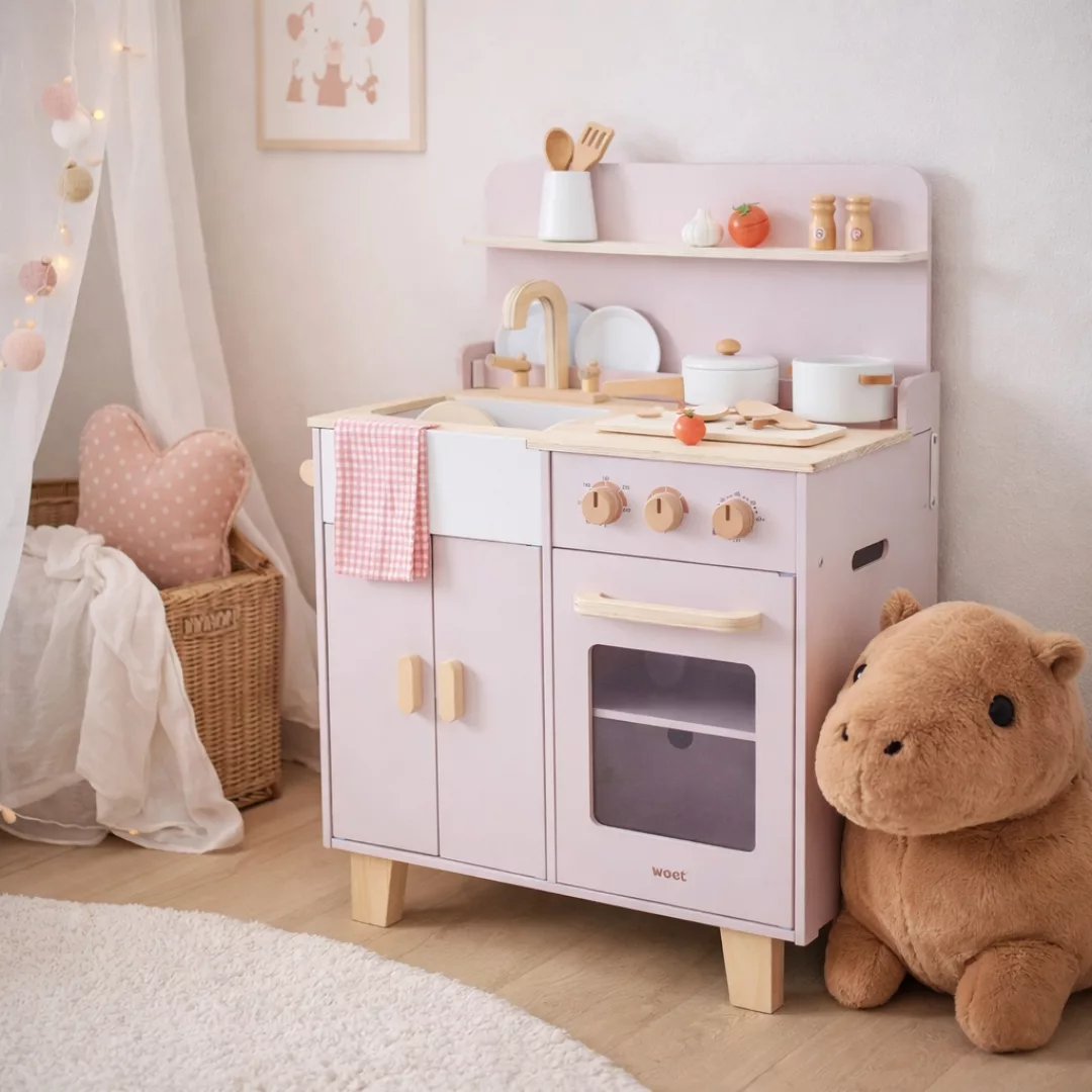 Детска дървена кухня в розово сканди в уютна детска стая