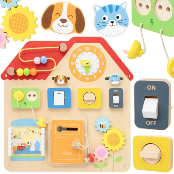 Монтесори активна дъска Къщичка със зъбни колела и въртящи елементи