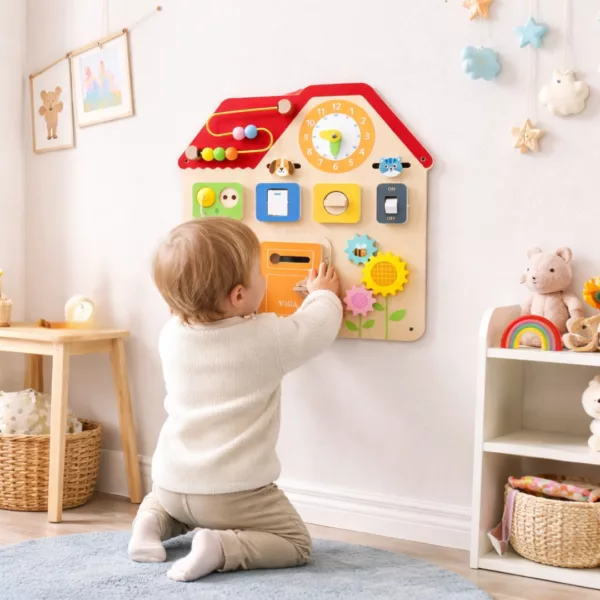 Монтесори активна дъска Къщичка от VIGA Toys за игра у дома