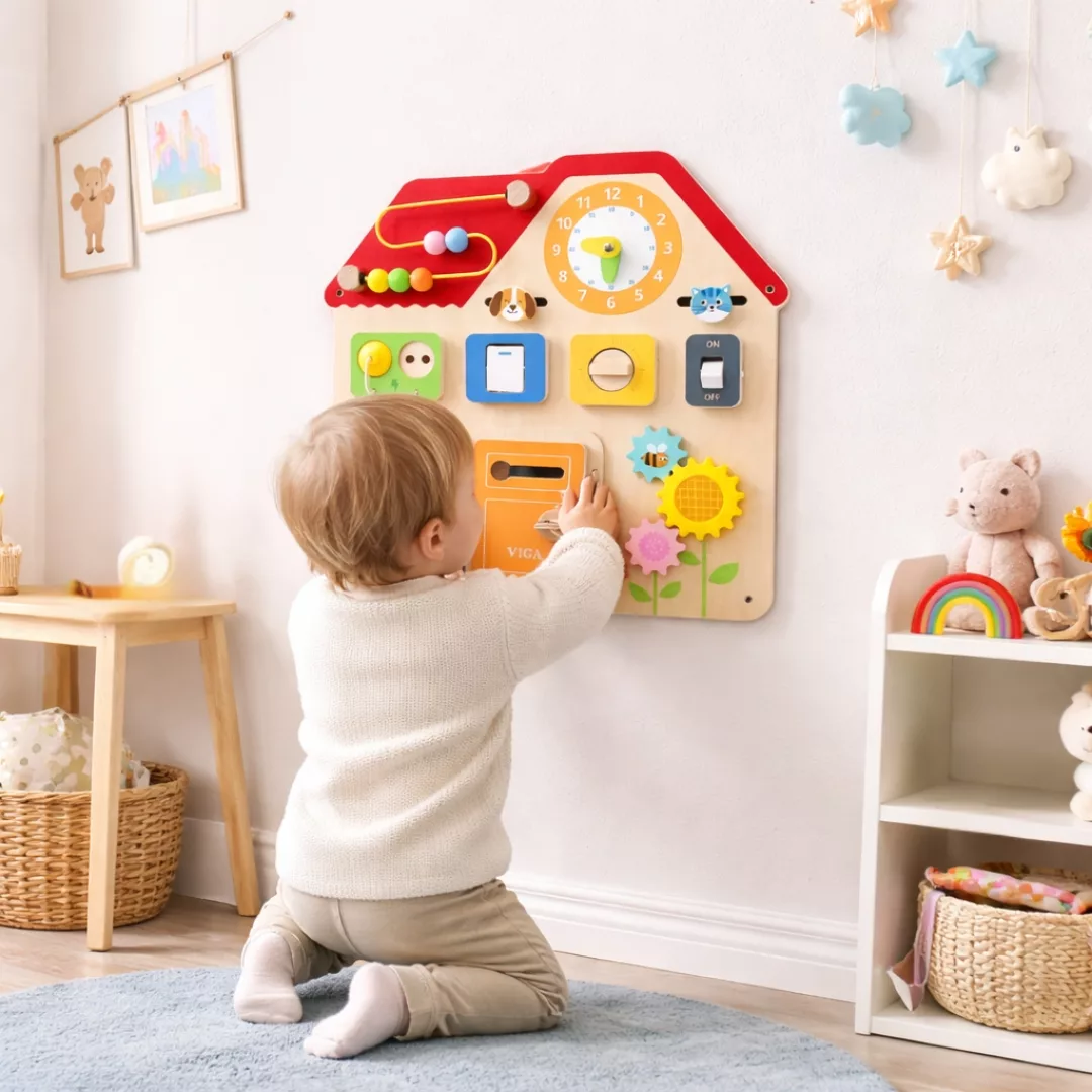 Монтесори активна дъска Къщичка от VIGA Toys за игра у дома