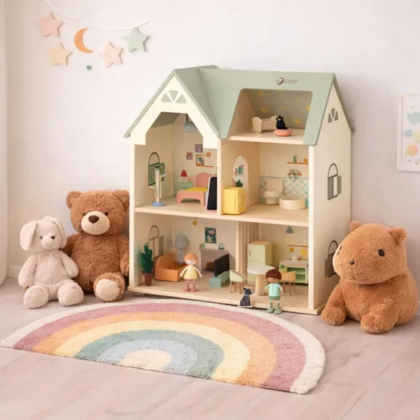 Голяма дървена къща за кукли уютен дом пастелни цветове за деца над 3 години