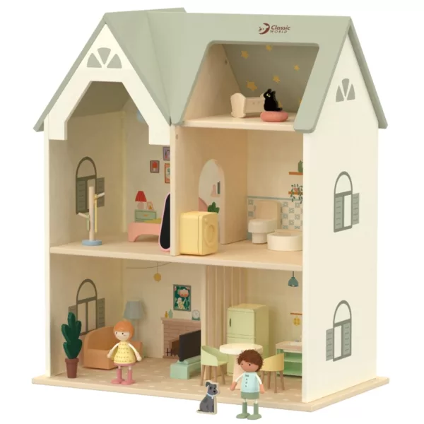 Голяма дървена къща за кукли уютен дом Classic World пастелни тонове