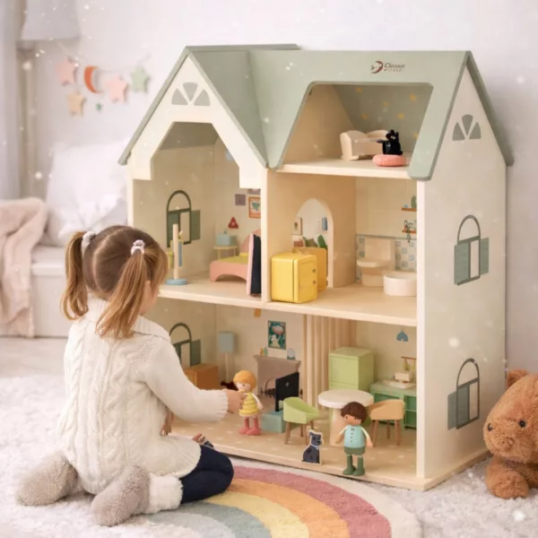 Голяма дървена къща за кукли дете играе уютен дом 3+