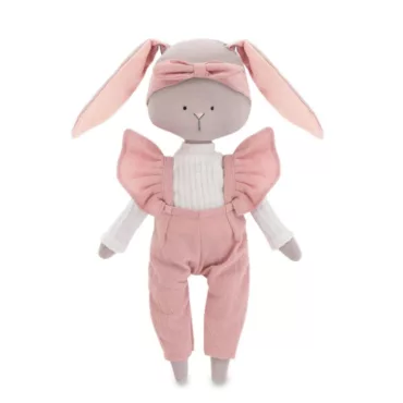 Меко бебешко зайче Луси 30 см с розов гащеризон от памук 0+