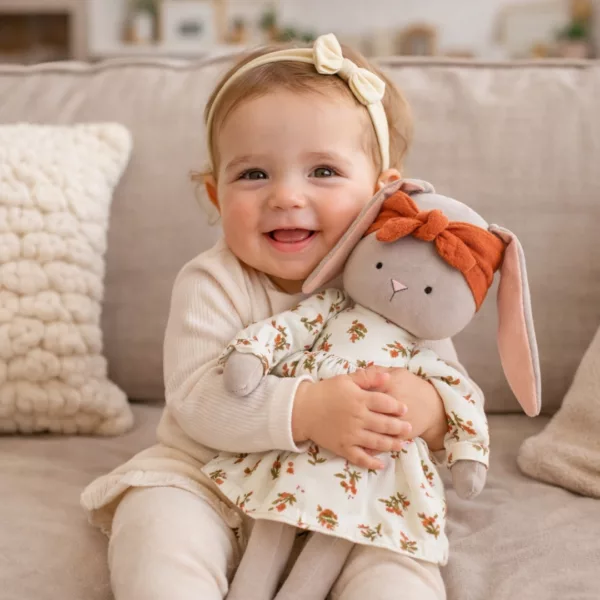 Меко зайче Луси с цветна рокля и памучна материя за бебета 0+