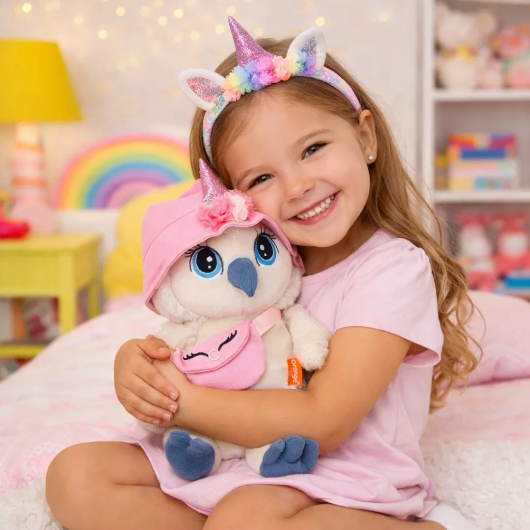 Плюшена сова Лиса Еднорог с розова шапка и чантичка 25 см