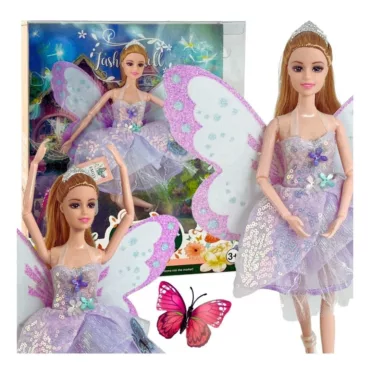Приказна детска кукла Еми фея с пеперудени криле и фина лилава рокля