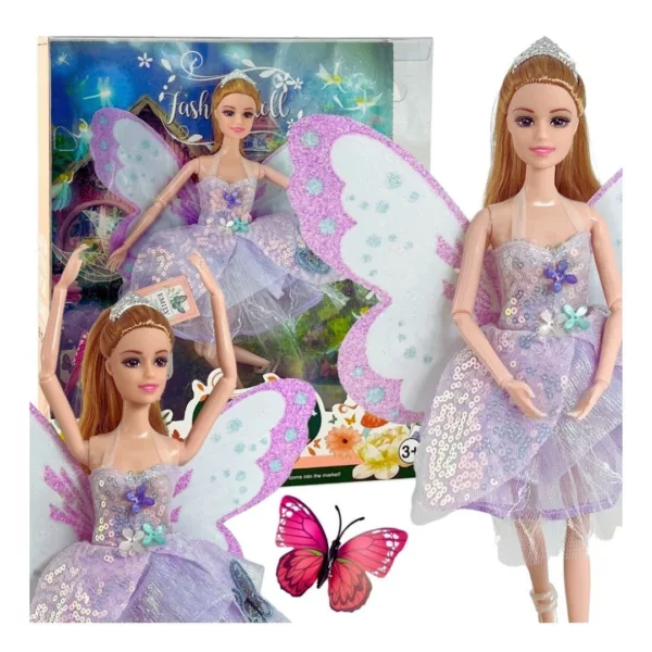 Приказна детска кукла Еми фея с пеперудени криле и фина лилава рокля