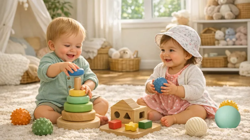 Бебета играят с дървени образователни играчки и сортер за развитие на сетивата