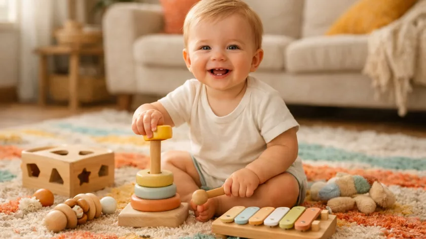 Бебе играе с дървена пирамида и музикална играчка за развитие на сетивата