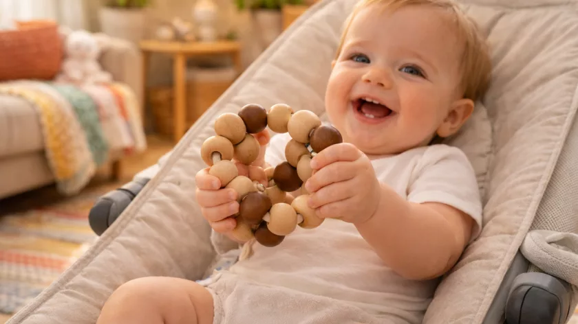Бебе държи дървена гризалка с мъниста – сензорна играчка за бебета