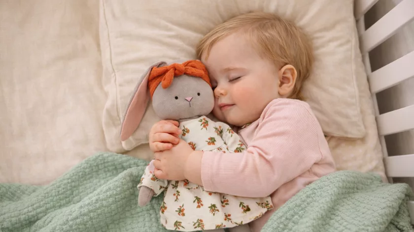 Бебе прегръща мека плюшена играчка зайче – играчка за емоционално развитие