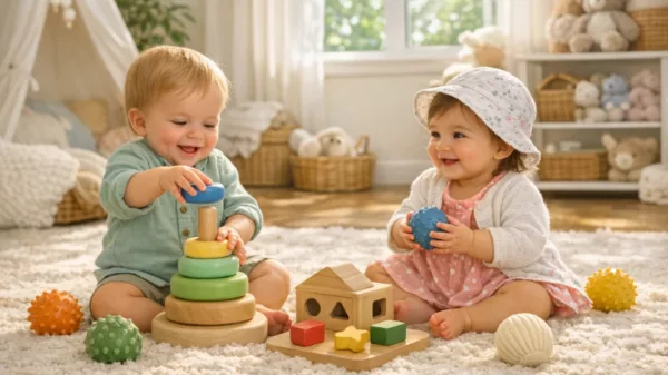Бебета играят с дървени образователни играчки и сортер за развитие на сетивата