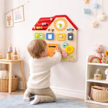 Сензорна дървена дъска къщичка с активности и елементи за бебета