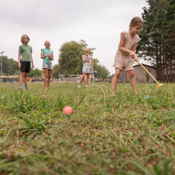 Дървен крокет комплект за деца с цветни топки и чукчета за градинска игра 3+