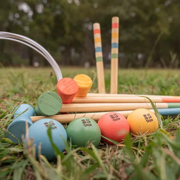Дървен крокет комплект за деца с цветни дървени топки и стикове за градина 3+