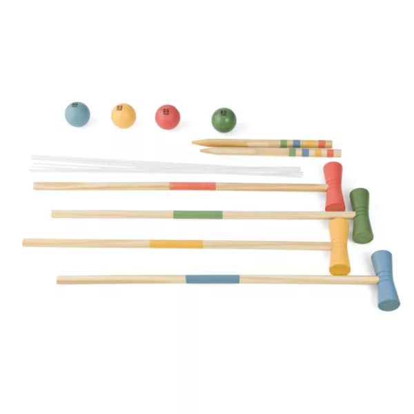 Дървен крокет комплект за деца с цветни топки, чукчета и метални обръчи 3+