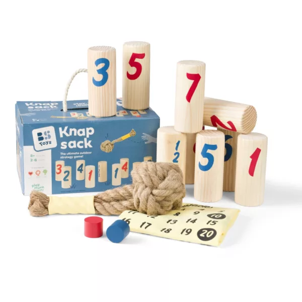 Дървена игра за точност с числа BS Toys с въже и цилиндри от дърво 8+