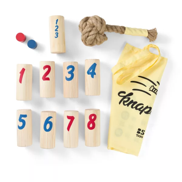 Дървена игра за точност с числа BS Toys дървени цилиндри и торба 8+