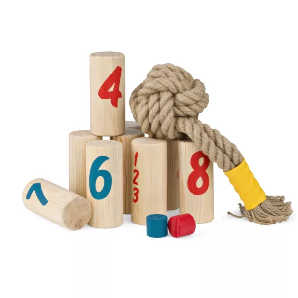 Дървена игра за точност с числа BS Toys цилиндри и въже от дърво 8+