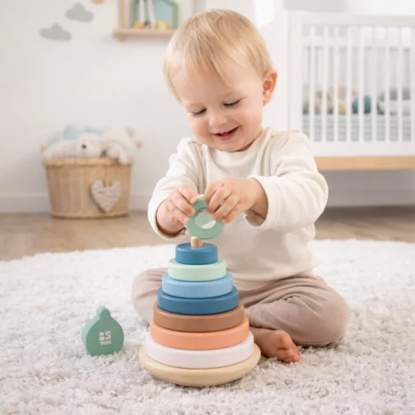 Дървена кула за нанизване на рингове BS Toys дървена игра пастелна 18+ месеца