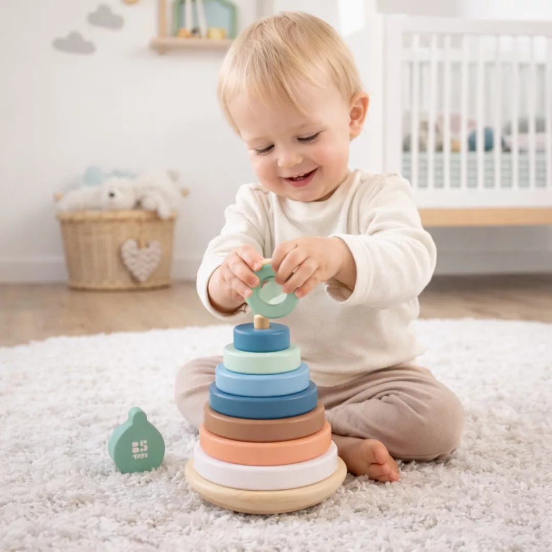 Дървена кула за нанизване на рингове BS Toys дървена игра пастелна 18+ месеца