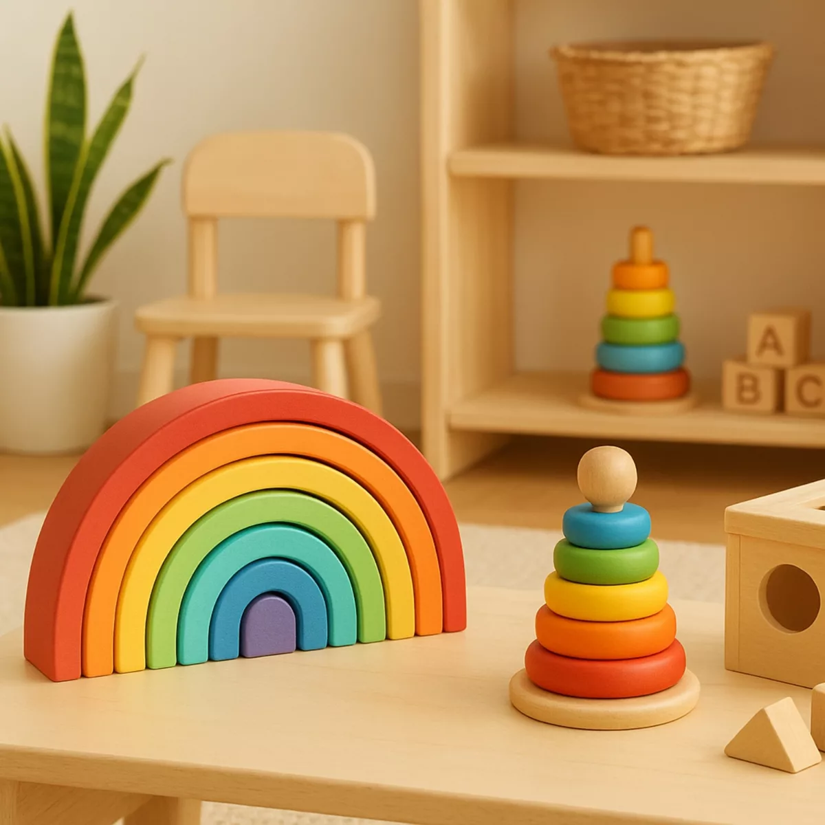 Дървена Монтесори дъга и кула за нанизване в пастелни цветове за бебета