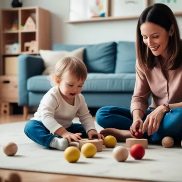 Майка и дете играят с дървен сортер с топки – образователна Монтесори игра