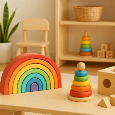 Монтесори дървена дъга и рингов сортер – образователни играчки за деца