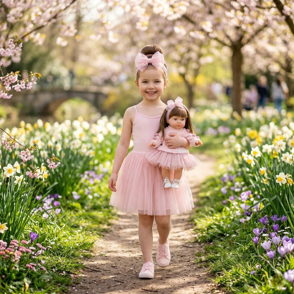 Кукла балерина Алина 45 см в ръцете на дете сред цветя розова рокля Marina and Pau