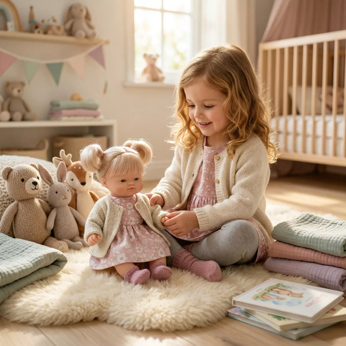 Кукла бебе Лора с рокля и жилетка винил 26 см игра в детска стая