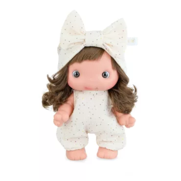 Детска кукла Piu Мия с кафява коса и бежов гащеризон винилова играчка 26 см