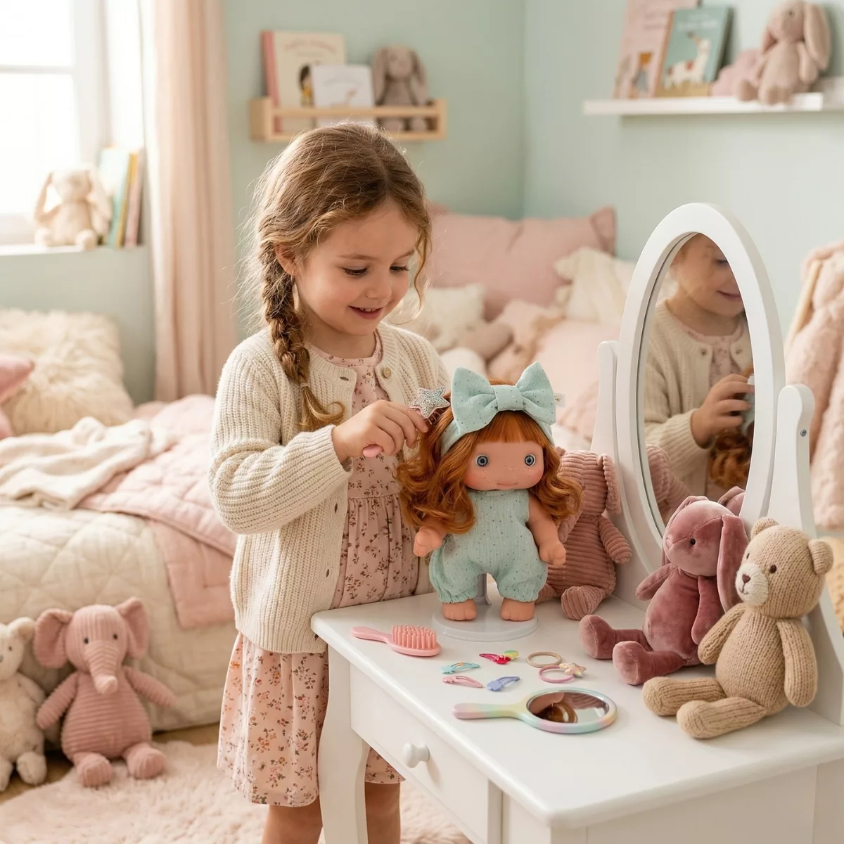 Детска кукла Piu Ная с кестенява коса и зелено облекло винил 26 см