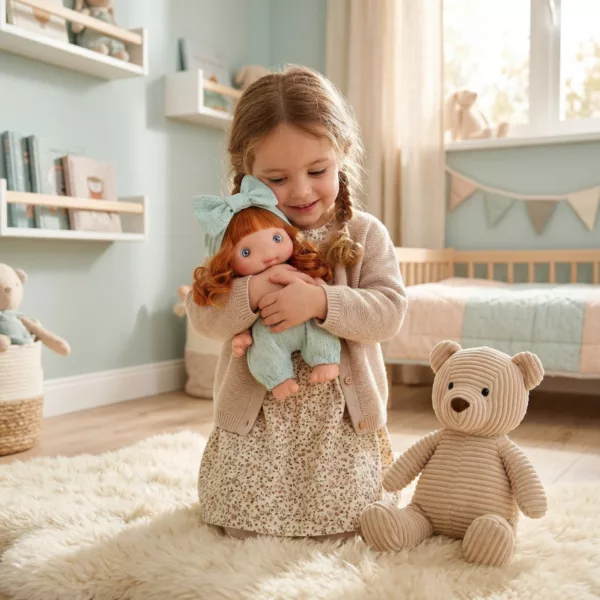 Детска кукла Piu Ная за гушкане с мека визия и зелено облекло винил