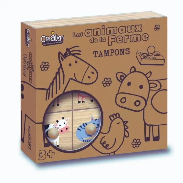 Детски комплект с дървени печати Животните от фермата Crea Lign дървена кутия 3+